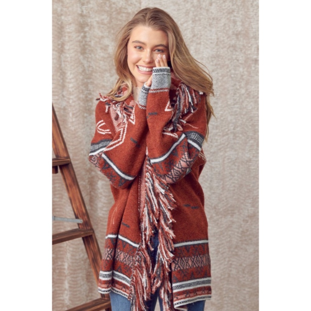 SOLD OUT Cowichan Boho Aztec Native Fringe Print Soft Knit Cardigan Sweater - Picture 2 of 9